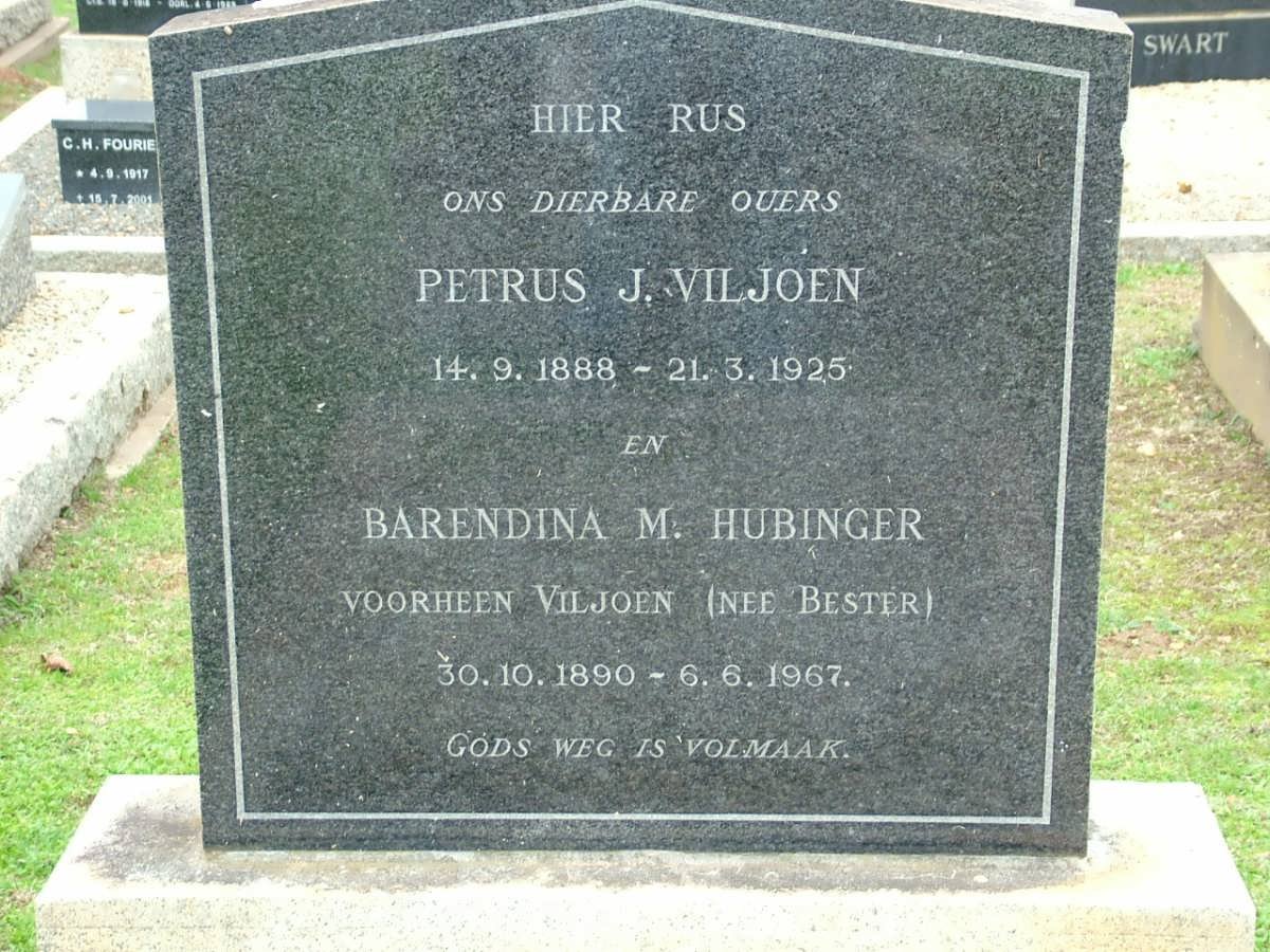 VILJOEN Petrus J. 1888-1925 &amp; HUBINGER Barendina M. voorheen VILJOEN nee BESTER 1890-1967