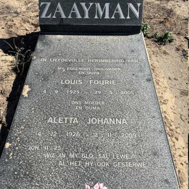 ZAAYMAN Louis Fourie 1925-2005 &amp; Aletta Johanna 1926-2009