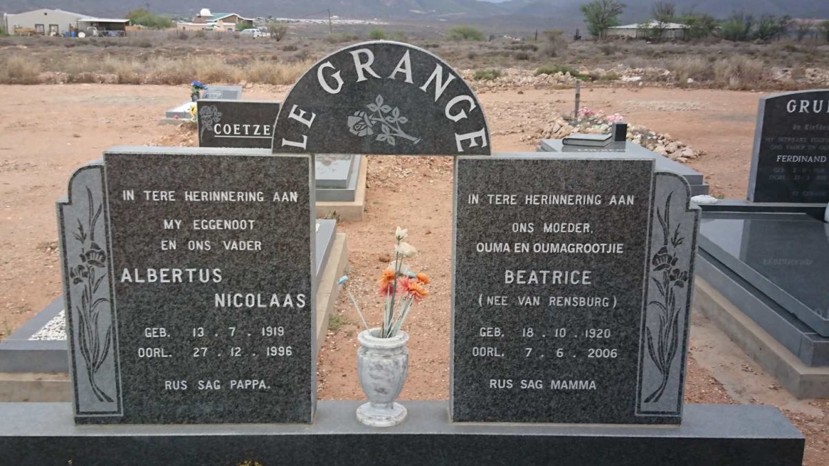 GRANGE Albertus Nicolaas, le 1919-1996 &amp; Beatrice VAN RENSBURG 1920-2006