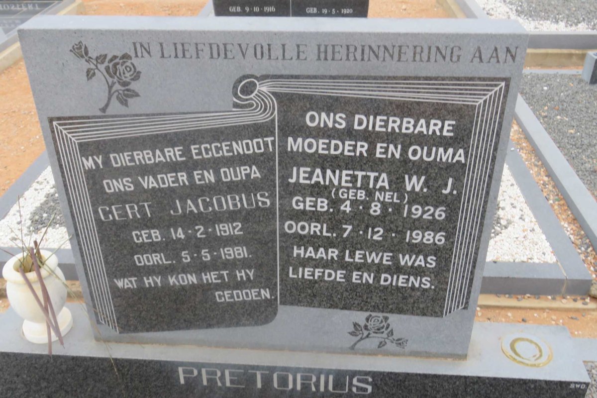 PRETORIUS Gert Jacobus 1912-1981 &amp; Jeanetta W.J. NEL 1926-1986
