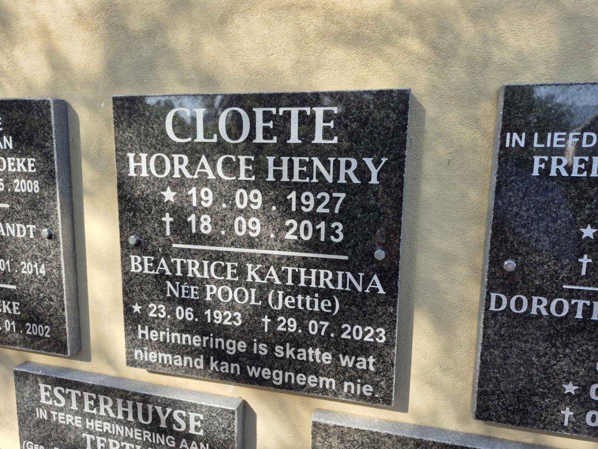 CLOETE Horace Henry 1927-2013 & Beatrice Kathrina POOL 1923-2023