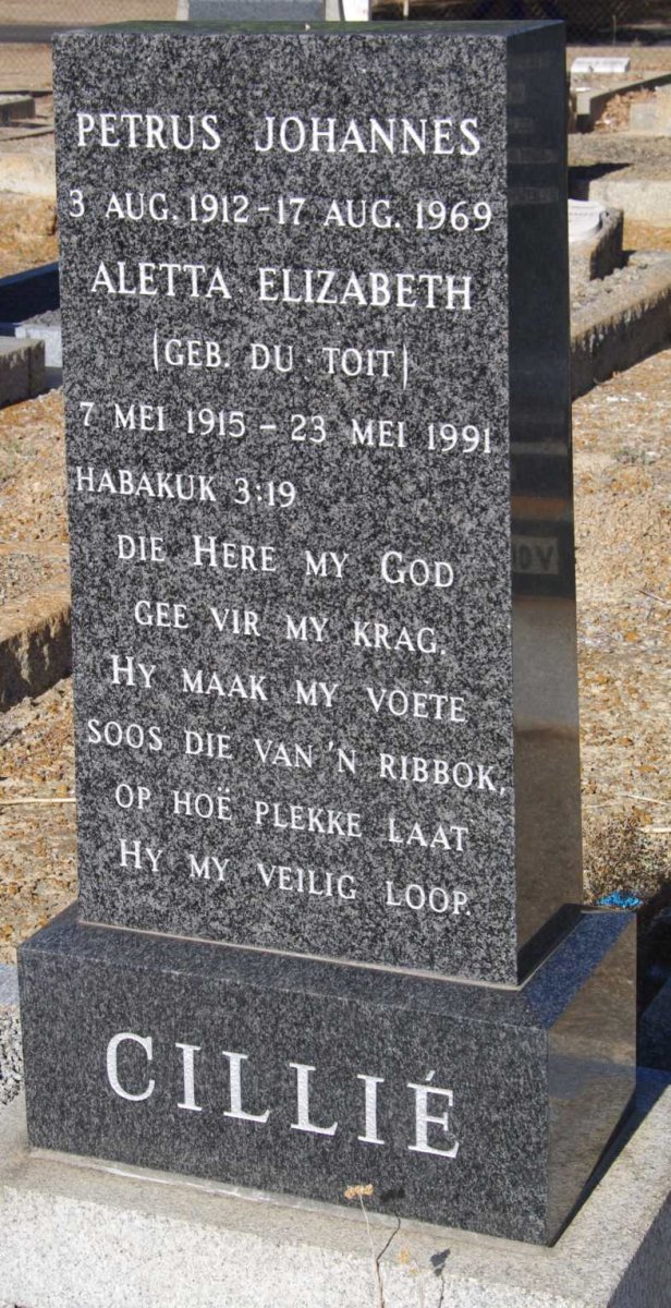 CILLIE Petrus Johannes 1912-1969 &amp; Aletta Elizabeth Du TOIT 1915-1991