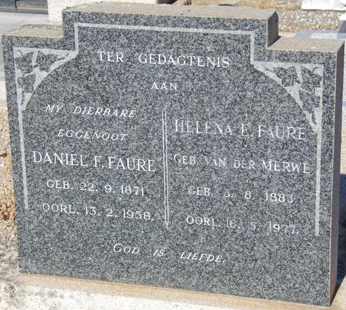 FAURE Daniel 1871-1958 &amp; Helena E. Van der MERWE 1883-1977