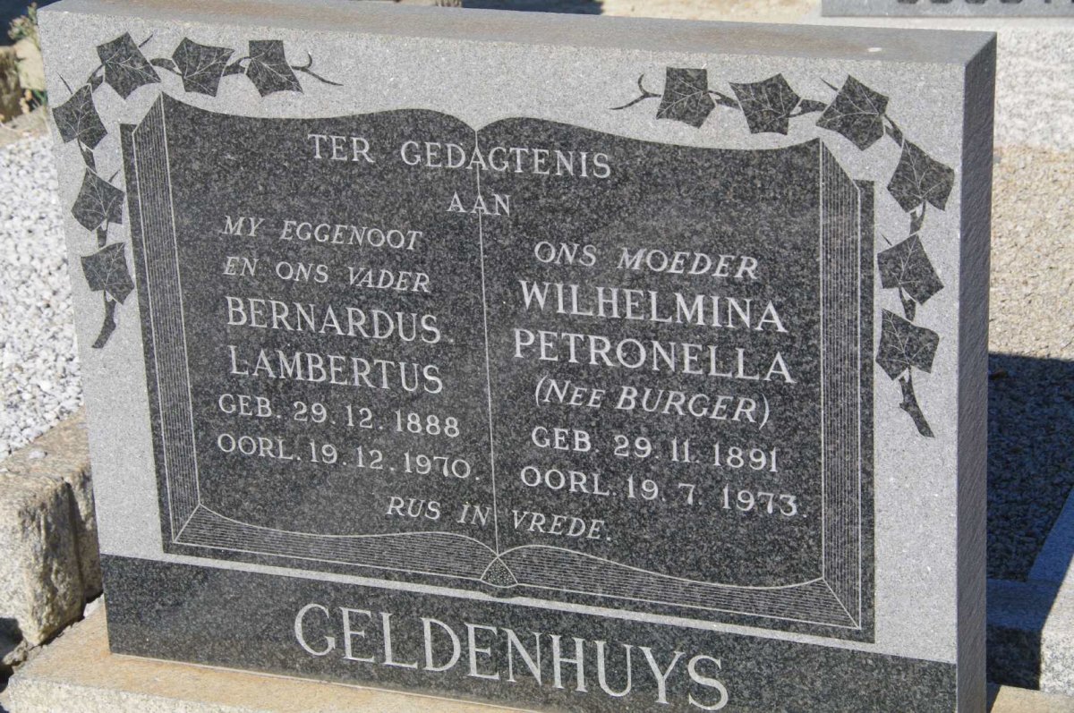 GELDENHUYS Bernardus Lambertus 1888-1970 &amp; Wilhelmina Petronella BURGER 1891-1973