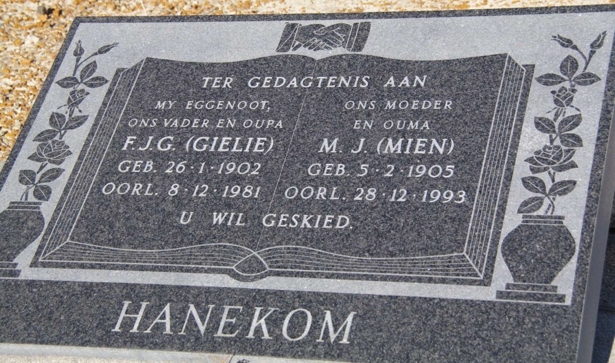 HANEKOM F.J.G. 1902-1981 &amp; M.J. 1905-1993