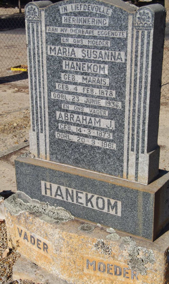 HANEKOM Abraham J. 1873-1961 &amp; Maria Susanna MARAIS 1878-1936