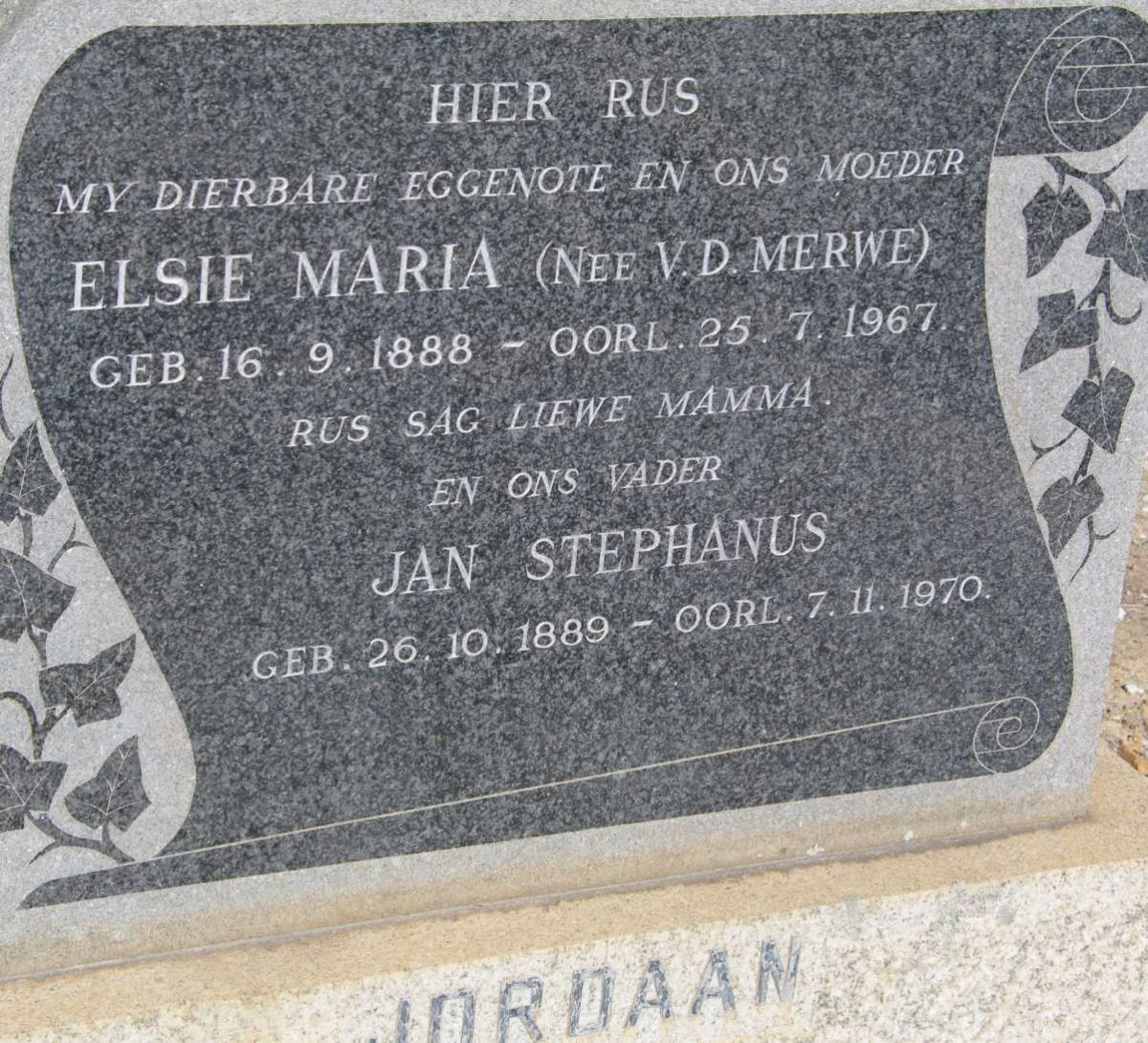 JORDAAN Jan Stephanus 1889-1970 &amp; Elsie Maria v.d. MERWE 1888-1967