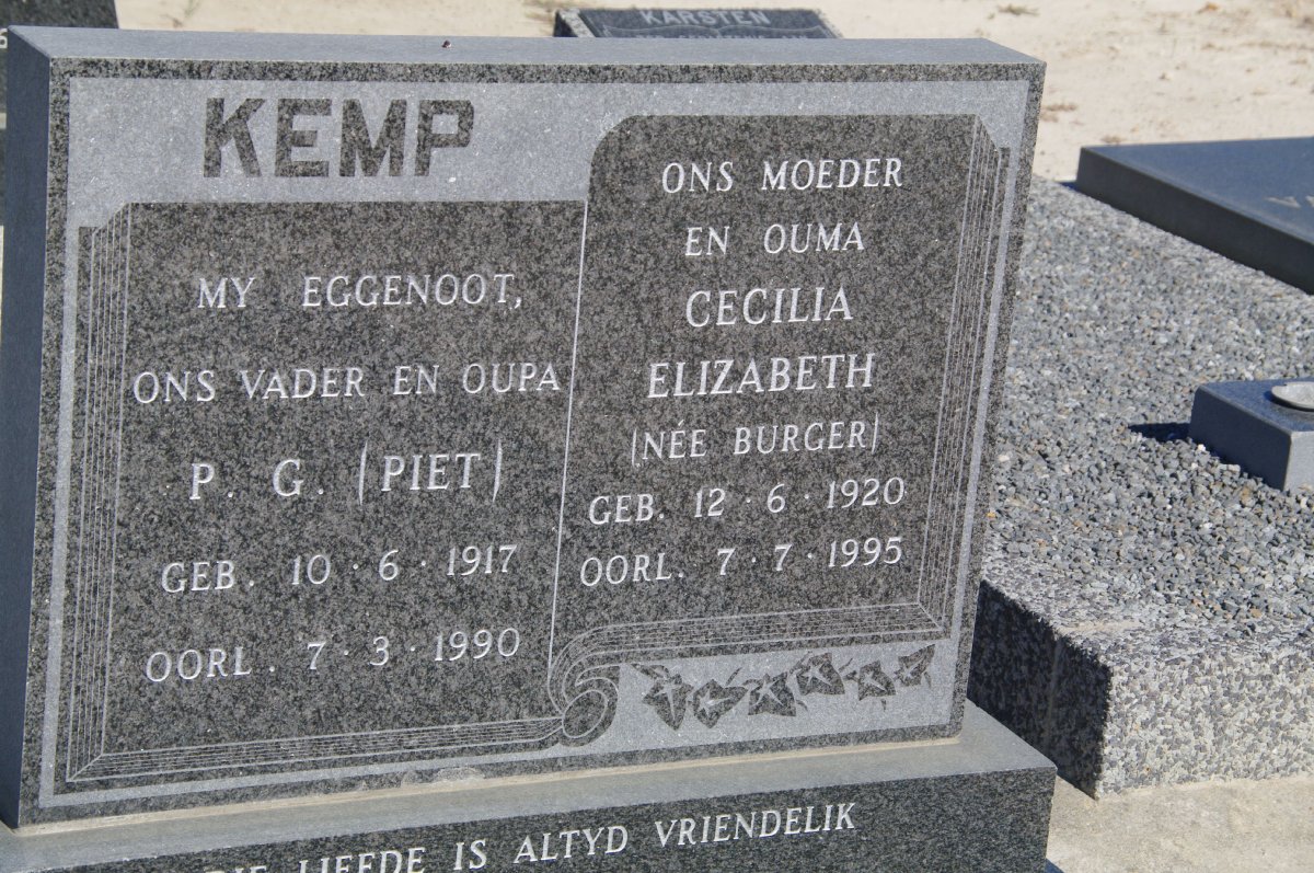 KEMP P.G. 1917-1990 &amp; Cecilia Elizabeth BURGER 1920-1995