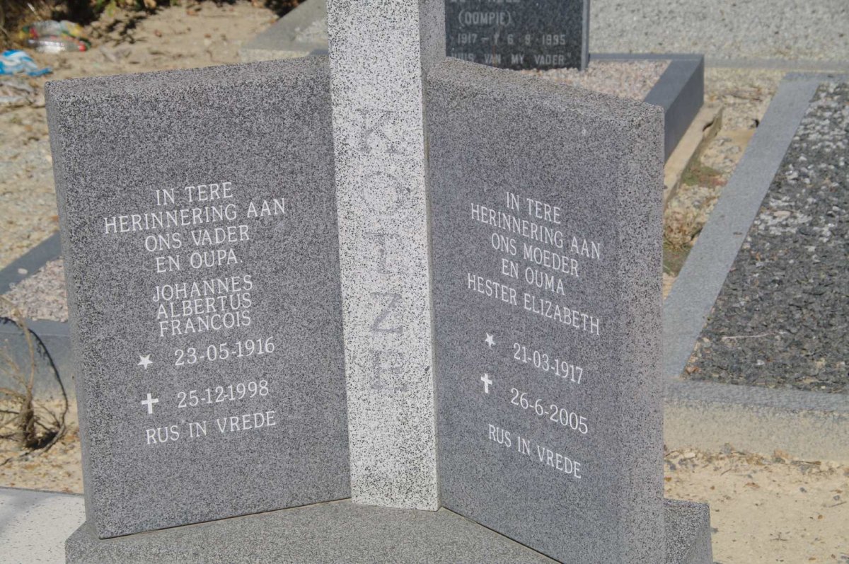 KOTZE Johannes Albertus Francois 1916-1998 &amp; Hester Elizabeth 1917-2005