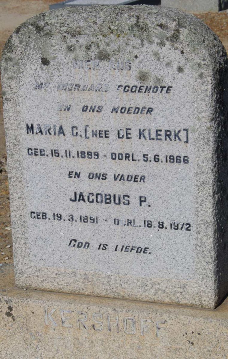 KERSHOFF Jacobus P. 1891-1972 &amp; Maria C. de KLERK 1889-1966