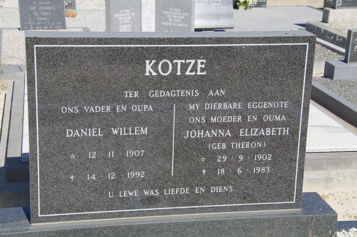 KOTZE Daniel Willem 1907-1992 &amp; Johanna Elizabeth THERON 1902-1983