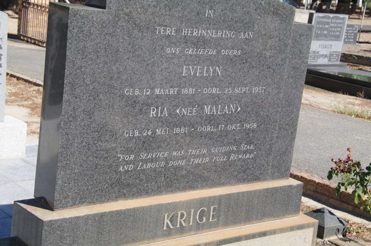 KRIGE Evelyn 1881-1957 &amp; Ria MALAN 1881-1958
