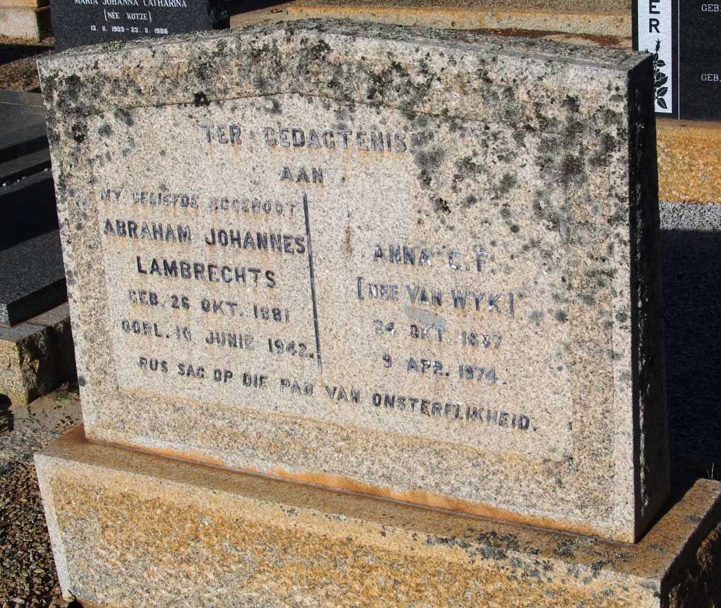 LAMBRECHTS Abraham Johannes 1881-1942 &amp; Anna C.F. van WYK 1887-1974