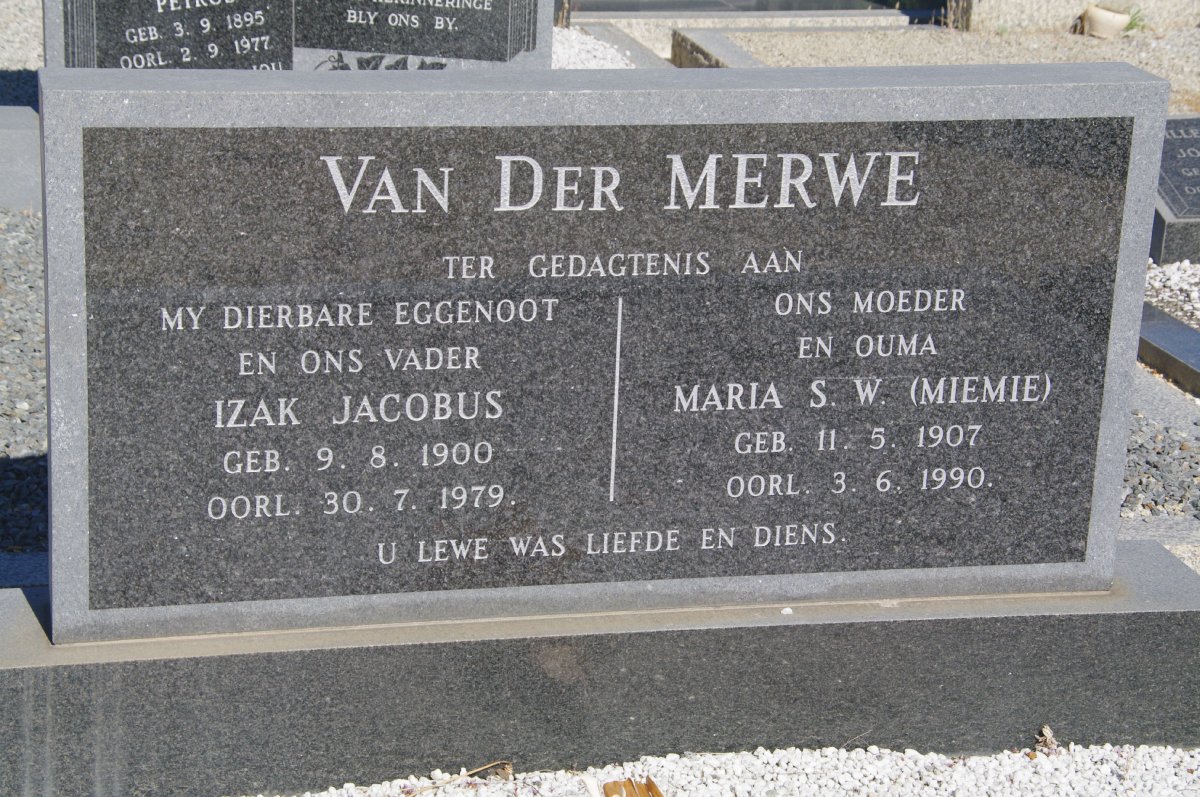 MERWE Izak Jaobus, van der 1900-1979 &amp; Maria S.W. 1907-1990