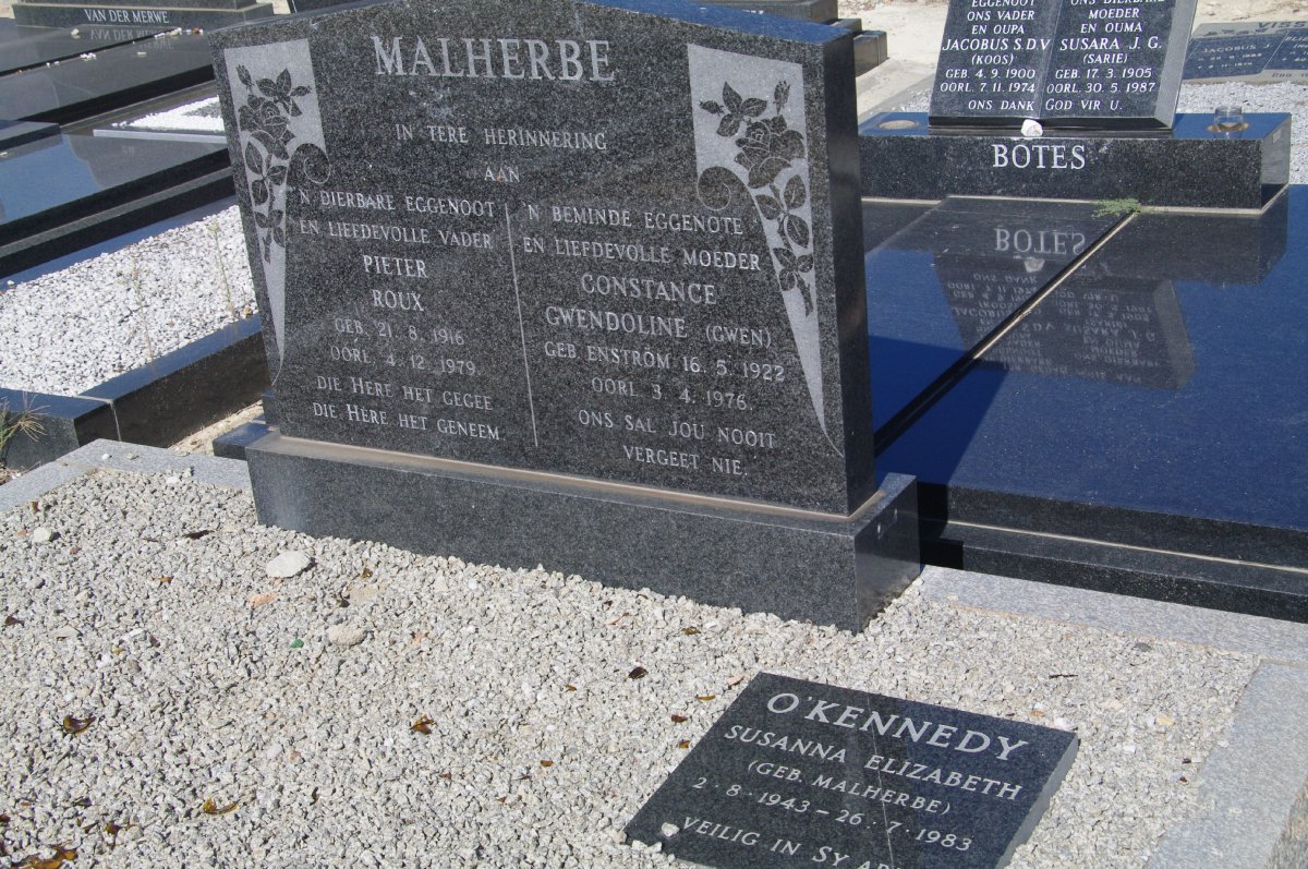 MALHERBE Pieter Roux 1916-1979 &amp; Constance Gwendoline ENSTROM 1923-1976 :: O'KENNEDY Susanna Elizabeth nee MALHERBE 1943-198