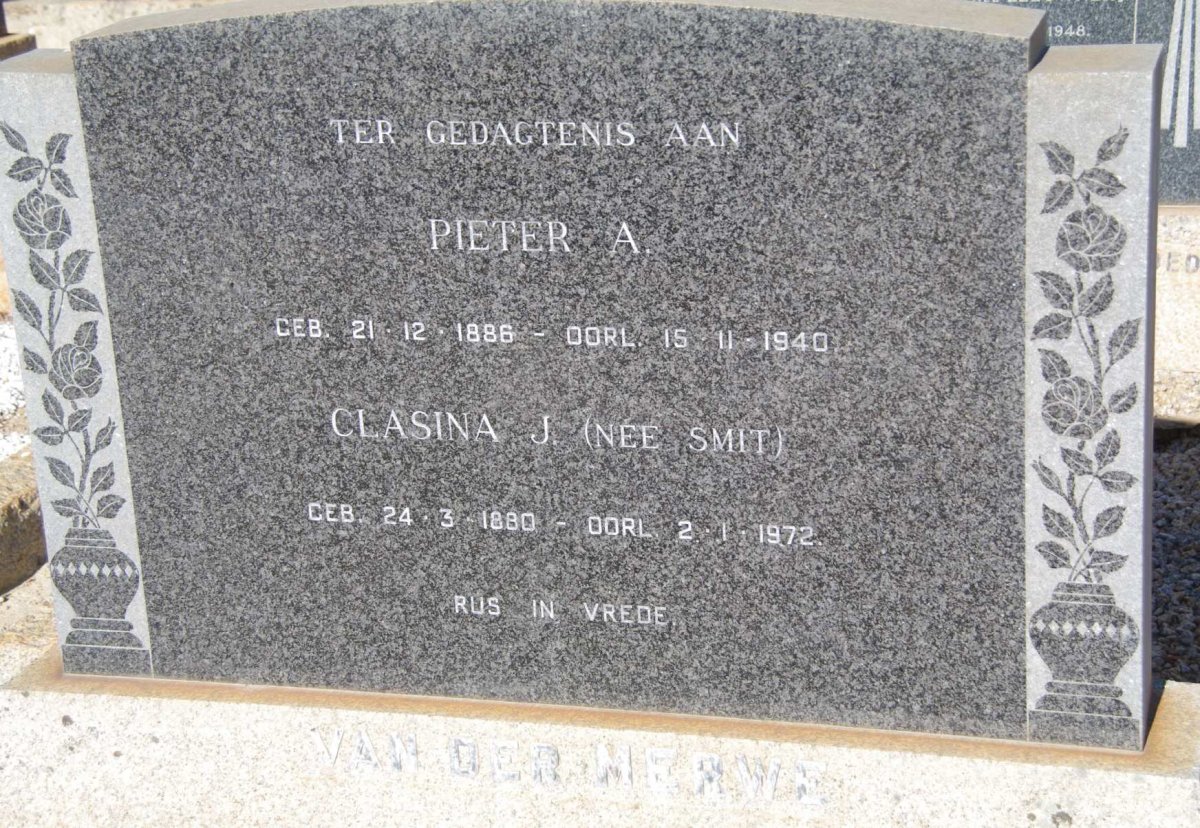 MERWE Pieter A., van der 1886-1940 &amp; Clasina J. SMIT 1880-1972