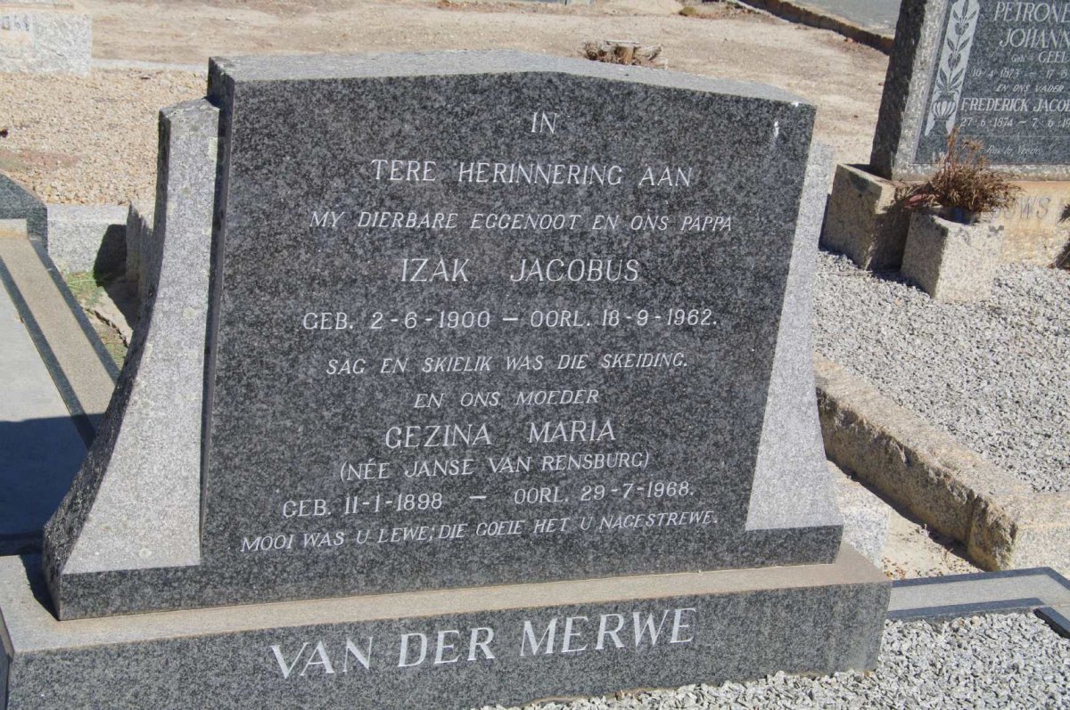 MERWE Izak Jacobus, van der 1900-1962 &amp; Gezina Maria Janse van RENSBURG 1898-1968