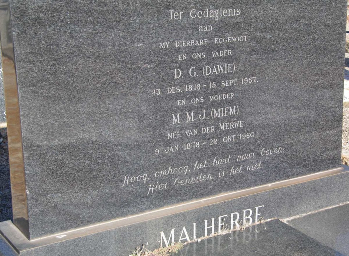 MALHERBE D.G. 1876-1957 &amp; M.M.J. van der MERWE 1878-1960