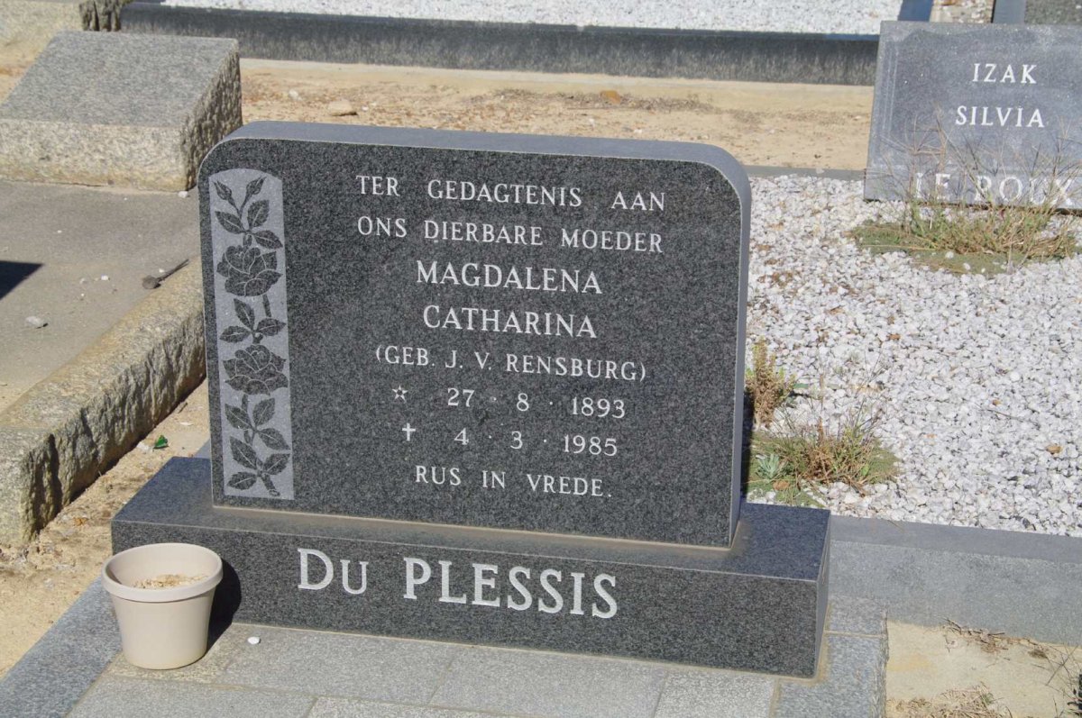 PLESSIS Magdalena Catharina, du nee J.v. RENSBURG 1893-1985