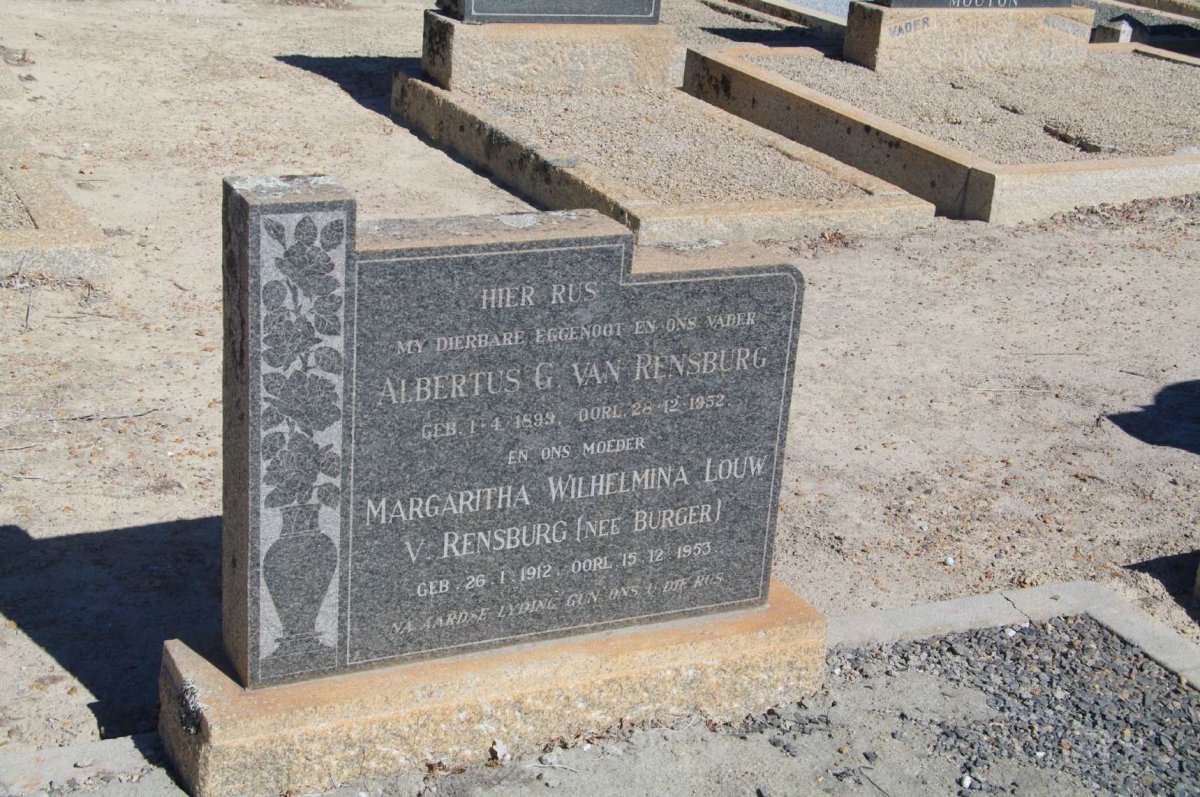 RENSBURG Albertus G., van 1899-1952 &amp; Margritha Wilhelmina Louw BURGER 1912-1953