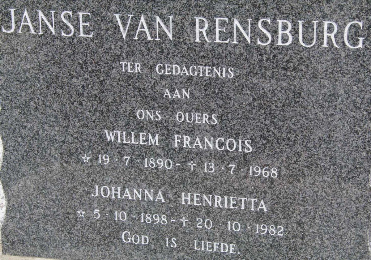 RENSBURG Willem Francois, Janse van 1890-1968 &amp; Johanna Henrietta 1898-1982