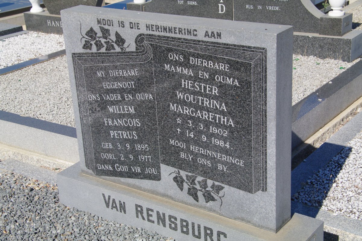 RENSBURG Willem Francois Petrus, van 1895-1977 &amp; Hester Woutrina Margaretha 1902-1984