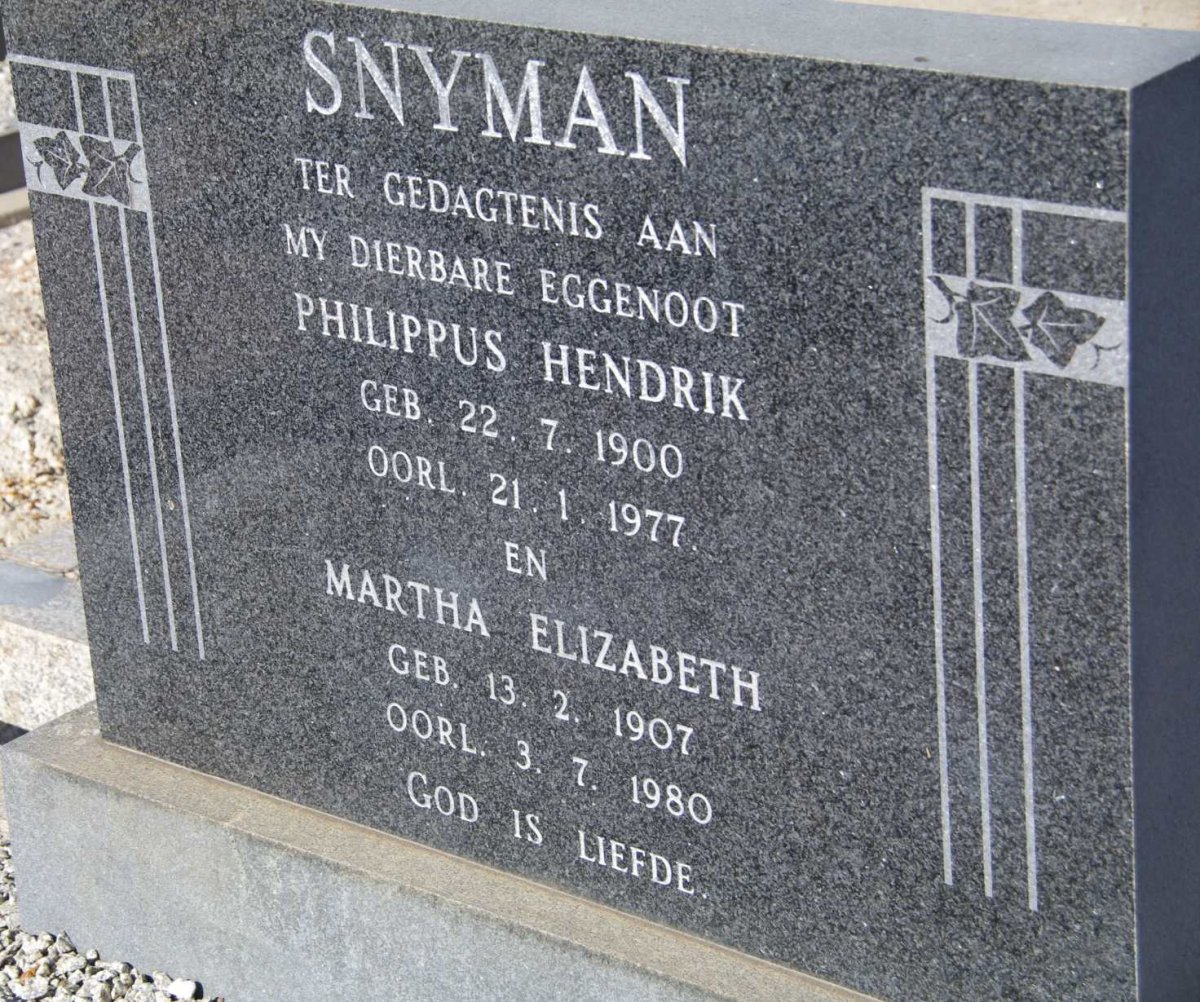 SNYMAN Philippus Hendrik 1900-1977 &amp; Martha Elizabeth 1907-1980