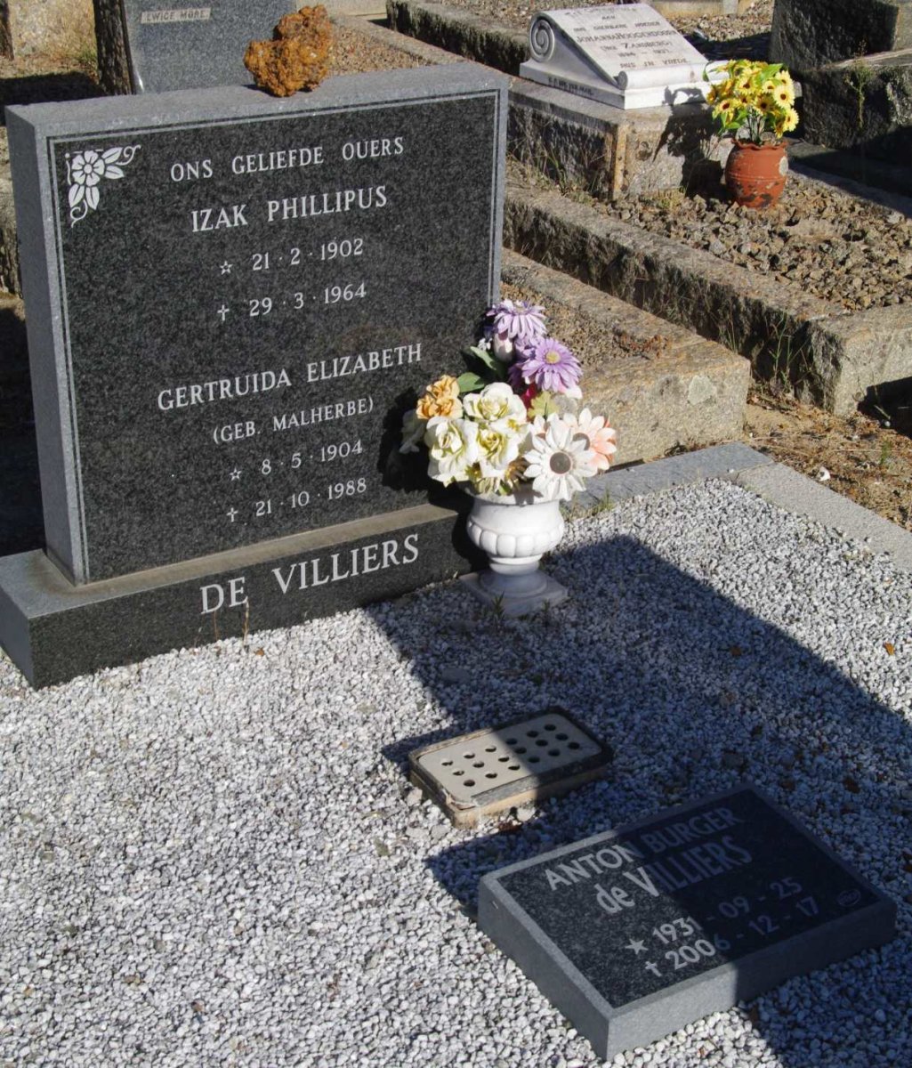 VILLIERS Izak Phillipus, de 1902-1964 &amp; Gertruida Elizabeth MALHERBE 1904-1988 :: de VILLIERS Anton Burger 1931-2006
