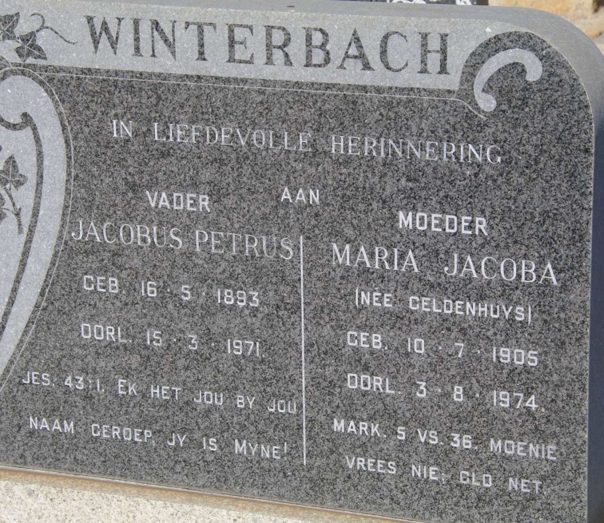 WINTERBACH Jacobus Petrus 1893-1971 &amp; Maria Jacoba GELDENHUYS 1905-1974