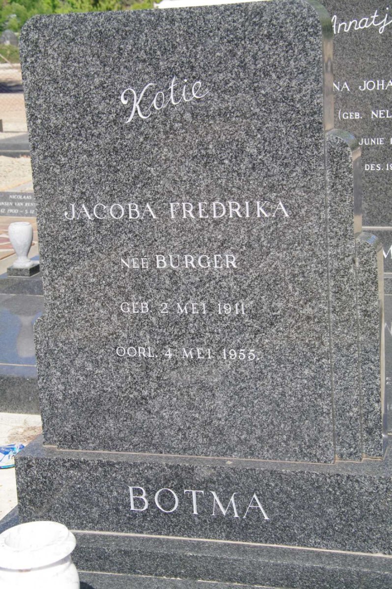 BOTMA Francois Johannes 1913-1999 &amp; Jacoba Fredrika BURGER 1911-1955 :: BOTMA Anna Johanna nee NEL 1926-1994