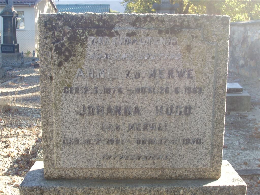 MERWE Annie, v.d. 1878-1953 :: HUGO Johanna nee V. D. MERWE 18??-19??