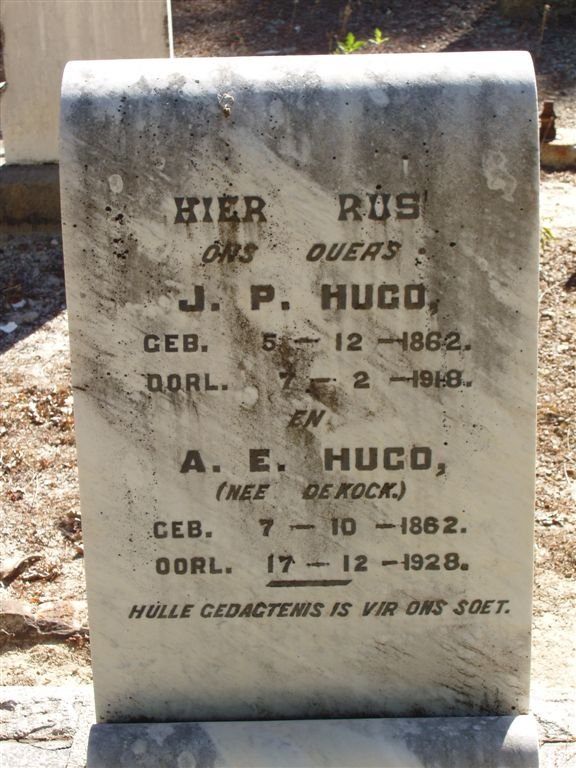 HUGO J.P. 1862-1918 &amp; A.E. DE KOCK 1862-1928