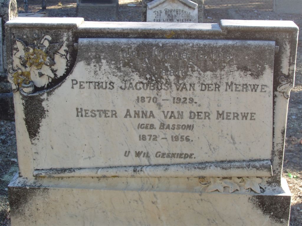 MERWE Petrus Jacobus, van der 1870-1929 &amp; Hester Anna BASSON 1872-1956