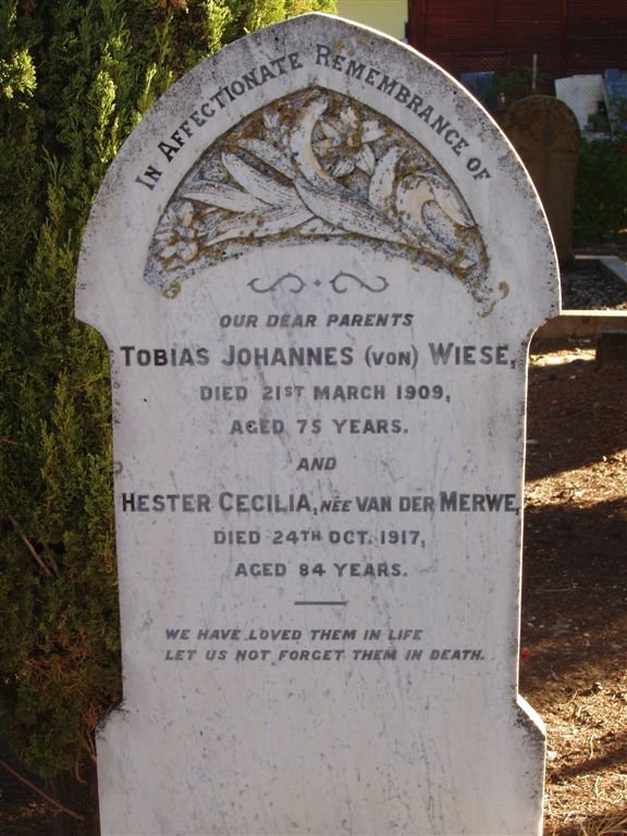 WIESE Tobias Johannes (von) -1909 &amp; Hester Cecilia VAN DER MERWE -1917