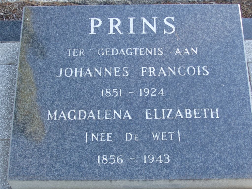 PRINS Johannes Francois 1851-1924 &amp; Magdalena Elizabeth DE WET 1856-1943
