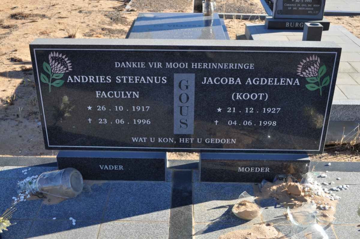 GOUS Andries Stefanus Faculyn 1917-1996 &amp; Jacoba Agdelena 1927-1998