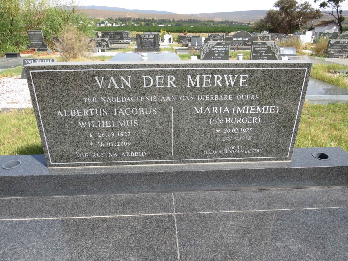 MERWE Albertus Jacobus Wilhelmus, van der 1923-2009 & Maria BURGER 1925-2018