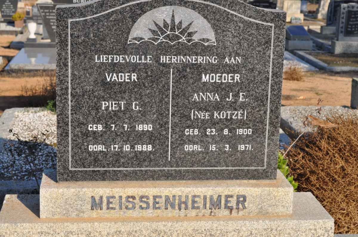 MEISSENHEIMER Piet G. 1890-1988 &amp; Anna J.E. KOTZE 1900-1971