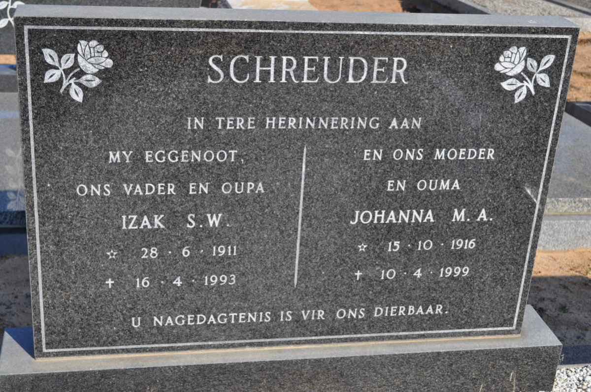 SCHREUDER Izak S.W. 1911-1993 &amp; Johanna M.A. 1916-1999