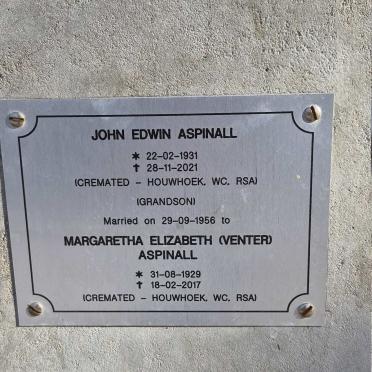 ASPINALL John Edwin 1931-2021 & Margaretha Elizabeth VENTER 1929-2017