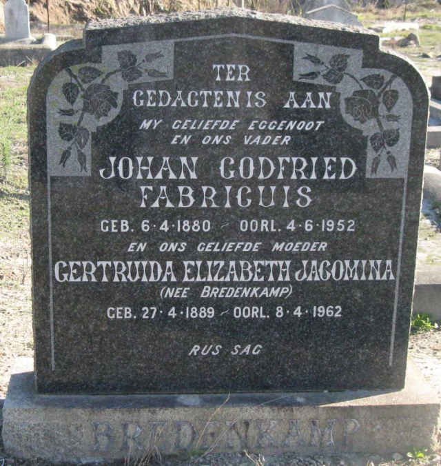 BREDENKAMP Johan Godfried Fabricuis 1880-1952 &amp; Gertruida Elizabeth Jacomina BREDENKAMP 1889-1962