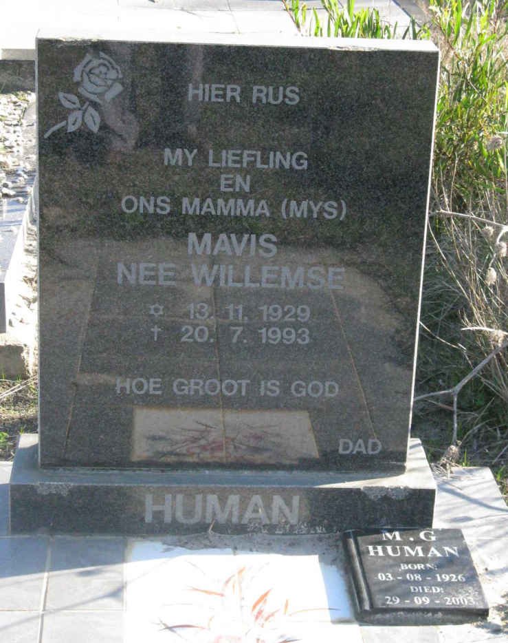 HUMAN M.G. 1926-2003 &amp; Mavis WILLEMSE 1929-1993
