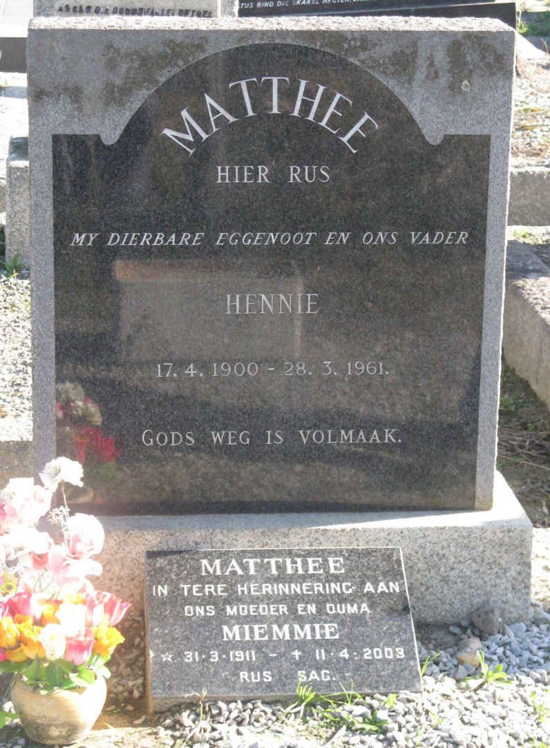 MATTHEE Hennie 1900-1961 &amp; Miemmie 1911-2009