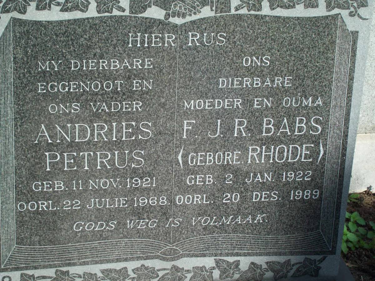BURGER Andries Petrus 1921-1968 &amp; F.J.R. RHODE 1922-1989