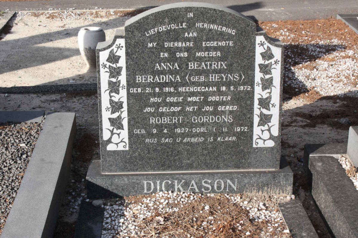 DICKASON Robert Gordons 1927-1972 &amp; Anna Beatrix Beradina HEYNS 1916-1972