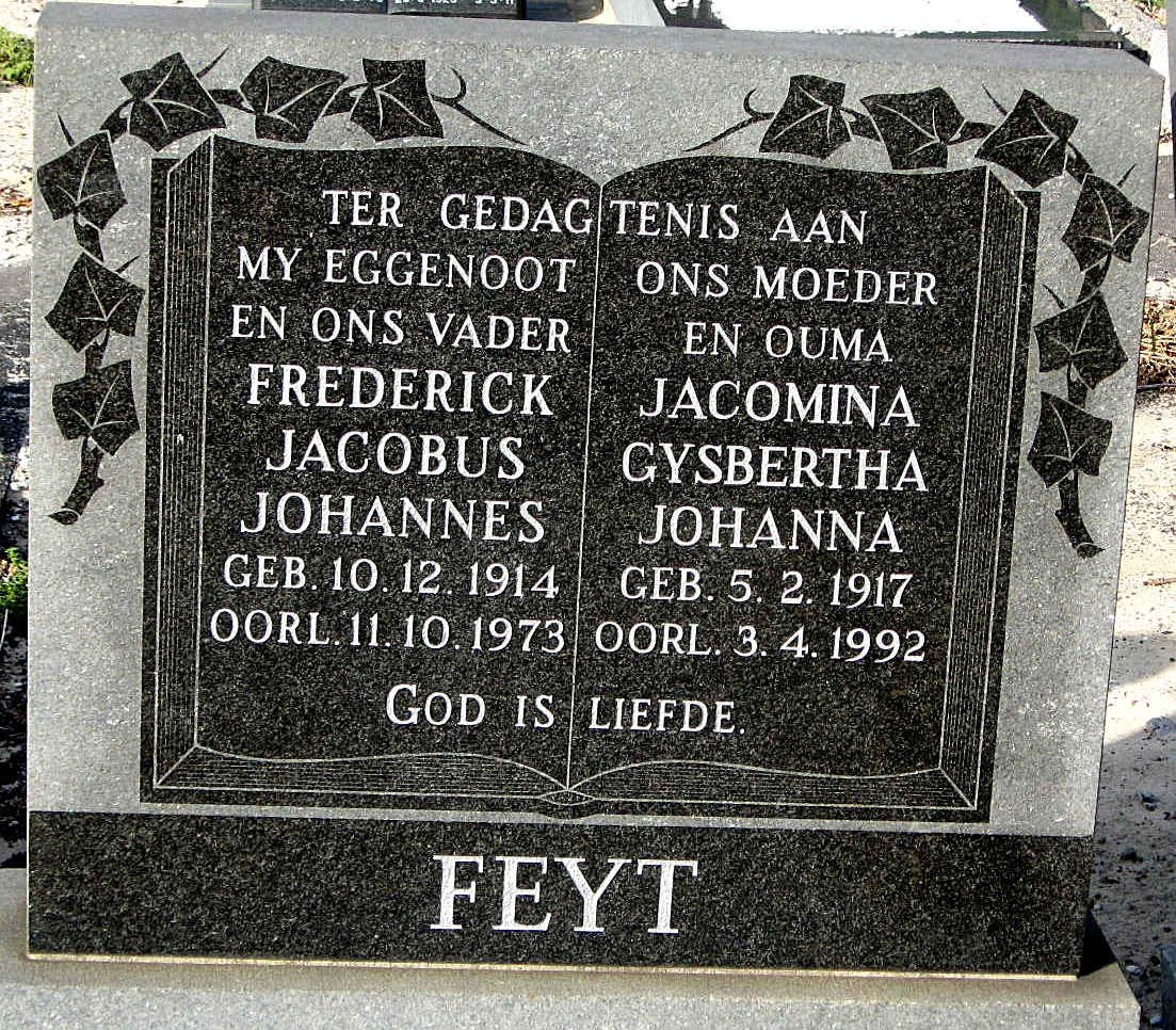 FEYT Frederick Jacobus Johannes 1914-1973 &amp; Jacomina Gysbertha Johanna 1917-1992