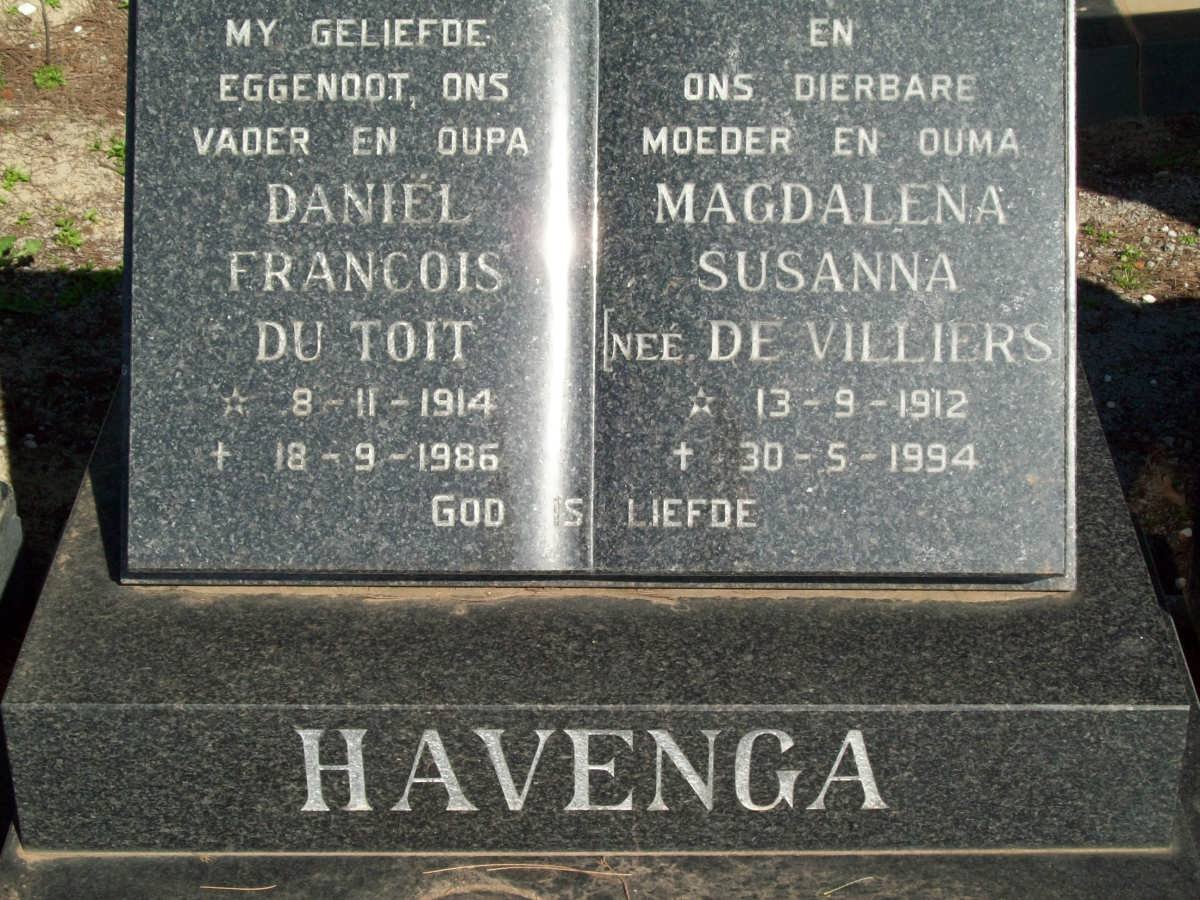 HAVENGA Daniel Francois Du Toit 1914-1986 &amp; Magdalena Susanna DE VILLIERS 1912-1994