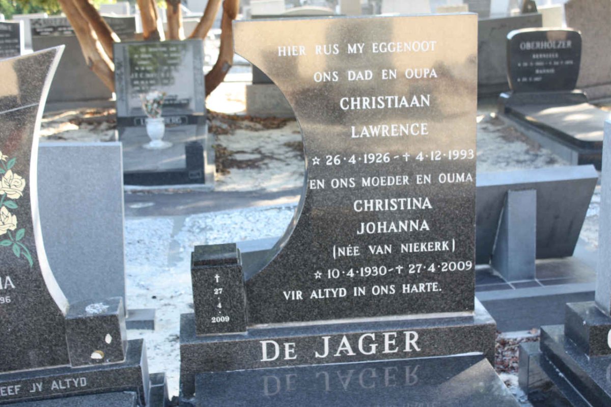 JAGER Christiaan Lawrence, de 1926-1993 &amp; Christina Johanna VAN NIEKERK 1930-2009