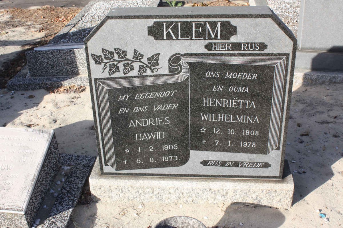 KLEM Andries Dawid 1905-1973 &amp; Henrietta Wilhelmina 1908-1976