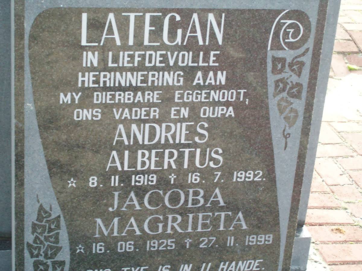 LATEGAN Andries Albertus 1919-1992 &amp; Jacoba Magrieta 1925-1999